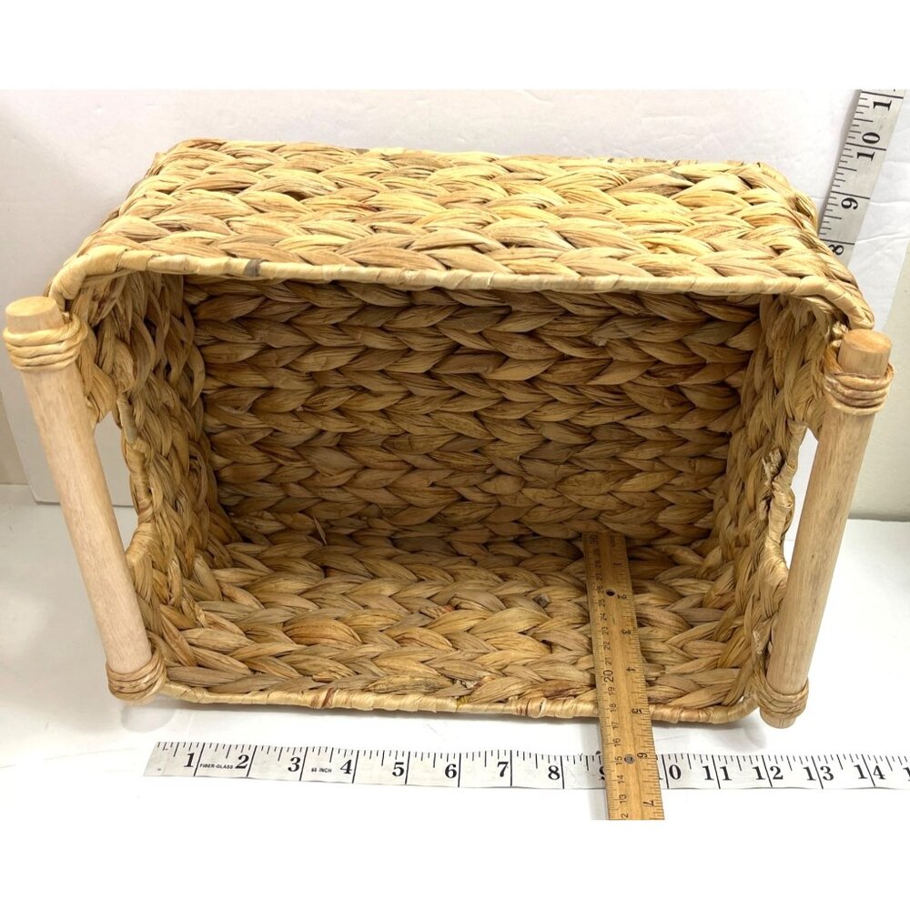 Set Of 4 Handwoven Rectangle Baskets With Wooden Accents Home Storage & Decor - Picture 10 of 13